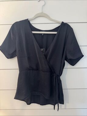 Black Wrap Short-Sleeve Blouse